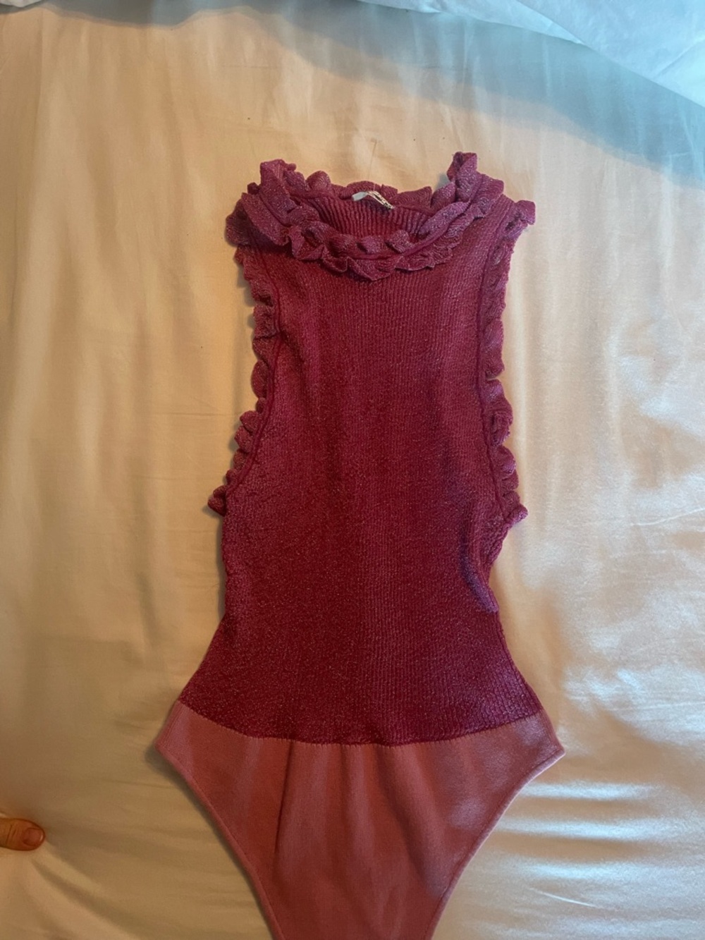 Sleeveless Ruffle Knit Bodysuit in Deep Rose